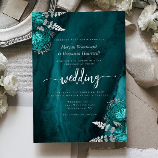 Elegant Teal Blue Silver Floral Wedding Folieneinladung