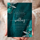 Elegant Teal Blue Silver Floral Wedding Folieneinladung