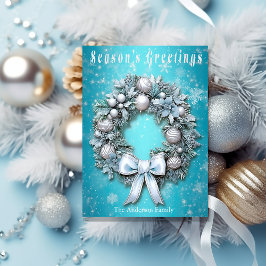 Elegant Teal Blue & Silver Wreath Christmas Feiertagspostkarte
