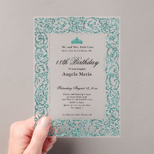 Elegant Teal Border 18th Birthday Debut Acryleinladungen (Insitu (Handheld))