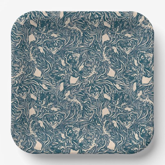 Elegant Teal Botanical Swirl Seamless Pattern Pappteller (Vorderseite)