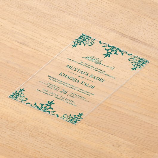 Elegant Teal Damask Islamic Wedding Acryleinladungen (Ablage )