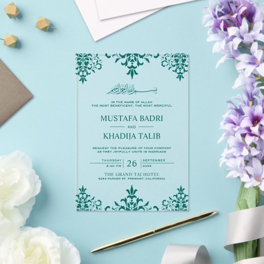 Elegant Teal Damask Islamic Wedding Acryleinladungen (In Situ (Hochzeit))