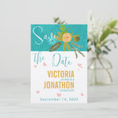 Elegant Teal Damask Turquoise Pink Gold Wedding Save The Date (Stehend Vorderseite)