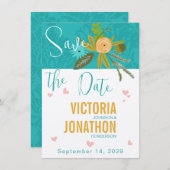 Elegant Teal Damask Turquoise Pink Gold Wedding Save The Date (Vorne/Hinten)
