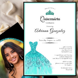 Elegant teal dress 15th birthday Quinceanera Einladung