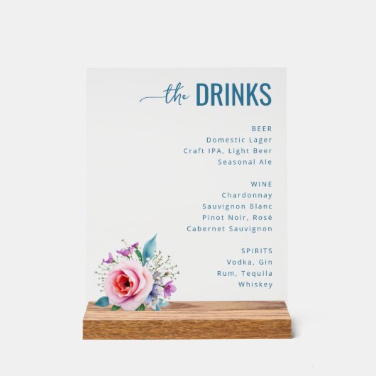 Elegant Teal Floral Beverage Menu Acrylschild (Vorderseite)
