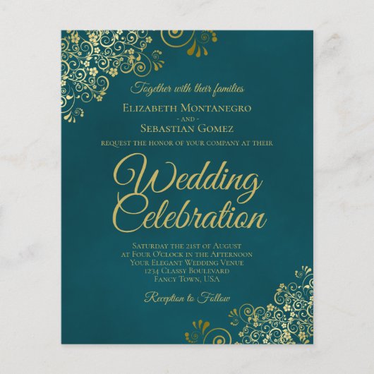 Elegant Teal & Gold BUDGET Wedding Invitation (Vorderseite)