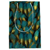 Elegant Teal Gold Feathers Mittlere Geschenktüte (Vorderseite)