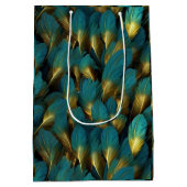Elegant Teal Gold Feathers Mittlere Geschenktüte (Rückseite)