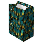 Elegant Teal Gold Feathers Mittlere Geschenktüte (Rückseite Schrägansicht)