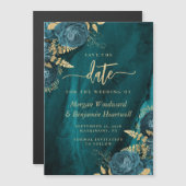 Elegant Teal Gold Floral Wedding Save the Date Magneteinladung (Vorne/Hinten)