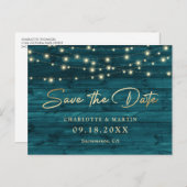 Elegant Teal Gold Foil Wood Save the Date Ankündigungspostkarte (Vorne/Hinten)