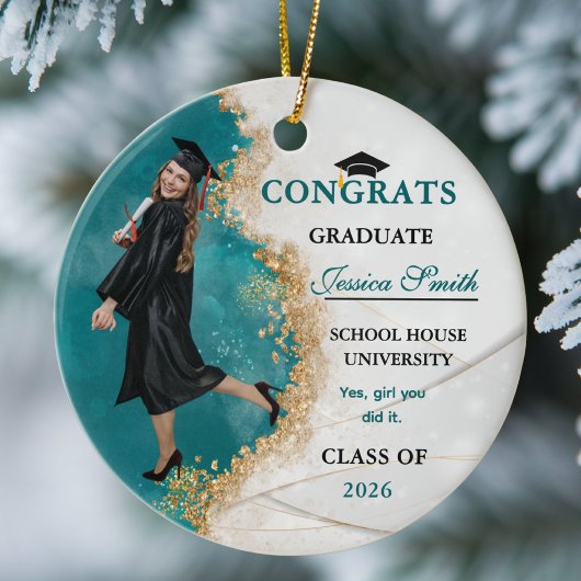 Elegant Teal & Gold Graduate Personalized Photo Keramik Ornament