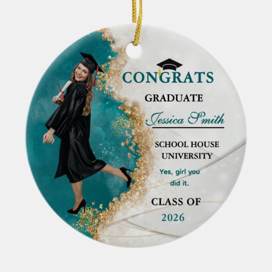 Elegant Teal & Gold Graduate Personalized Photo Keramik Ornament (Vorne)