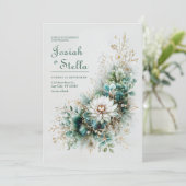 Elegant Teal Green Gold White Floral Wedding Einladung (Stehend Vorderseite)