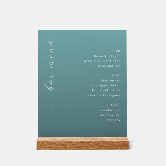 Elegant Teal Minimalist Bar Menu Acrylschild (Vorderseite)