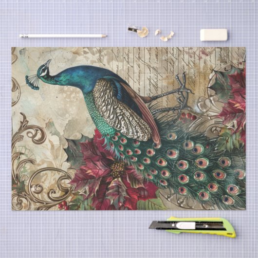 Elegant Teal Peacock Christmas Decoupage Seidenpapier (Handwerk)
