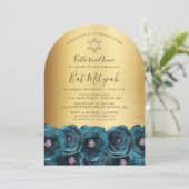 Elegant Teal Rose Floral Gold Bat Mitzvah Einladung (Stehend Vorderseite)