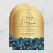 Elegant Teal Rose Floral Gold Bat Mitzvah Einladung (Vorne/Hinten)