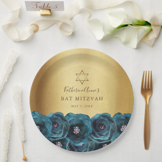 Elegant Teal Rose Floral Gold Bat Mitzvah Pappteller (Hochzeit)