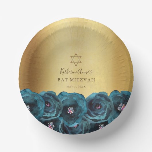 Elegant Teal Rose Floral Gold Bat Mitzvah Pappteller (Vorderseite)