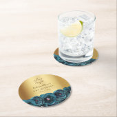 Elegant Teal Rose Floral Gold Bat Mitzvah Runder Pappuntersetzer (Vor Ort)