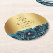 Elegant Teal Rose Floral Gold Bat Mitzvah Runder Pappuntersetzer (Angewinkelt)