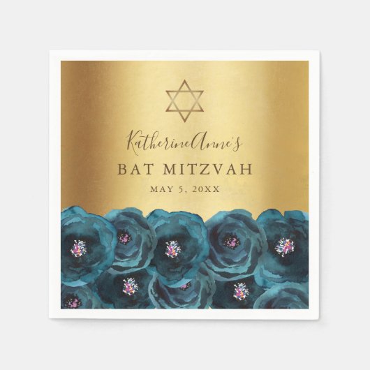 Elegant Teal Rose Floral Gold Bat Mitzvah Serviette (Vorderseite)
