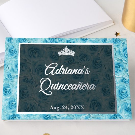 Elegant Teal Rose Floral Quinceanera Silver  Gästebuch