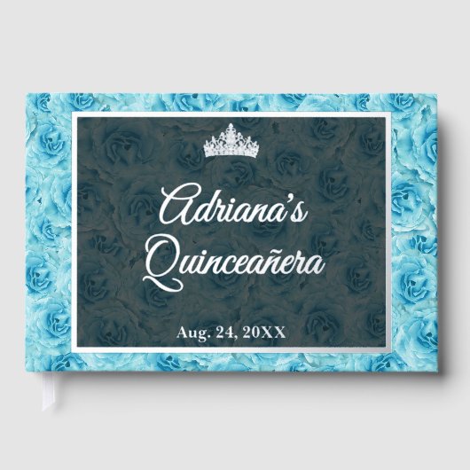 Elegant Teal Rose Floral Quinceanera Silver  Gästebuch (Vorderseite)