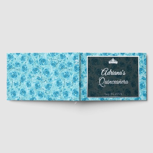 Elegant Teal Rose Floral Quinceanera Silver Gästebuch (Voll)