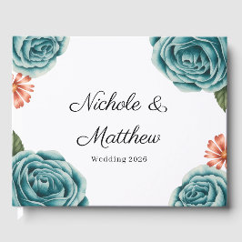 Elegant Teal Rose & Orange Daisey Wedding Gästebuch