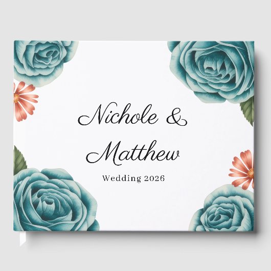 Elegant Teal Rose & Orange Daisey Wedding Gästebuch (Vorderseite)