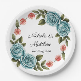 Elegant Teal Rose & Orange Daisey Wedding Pappteller