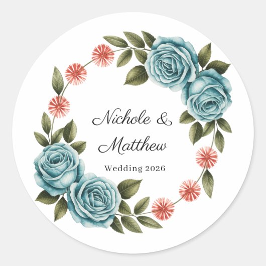 Elegant Teal Rose & Orange Daisey Wedding Runder Aufkleber (Vorderseite)