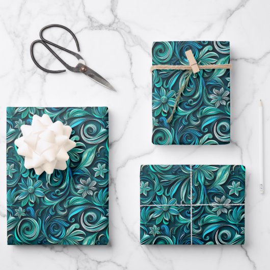 Elegant teal swirl leaf pattern geschenkpapier set (Vorderseite)