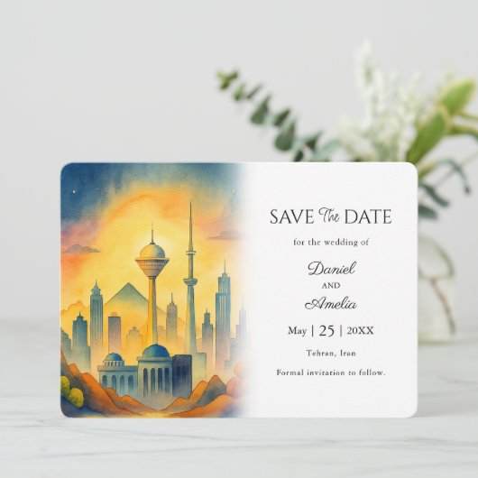 Elegant Teheran Iran Save the Date Wedding Card (Stehend Vorderseite)