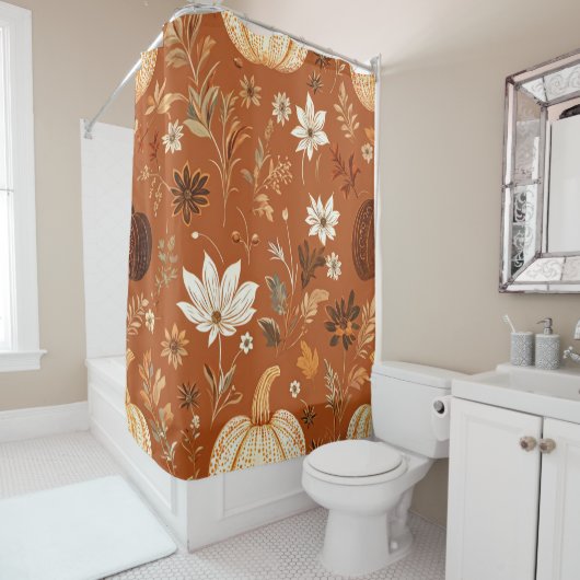 Elegant Terra Cota Pumpkin Herbst Blumenmuster Duschvorhang (Beispiel)