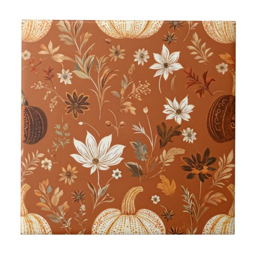 Elegant Terra Cota Pumpkin Herbst Blumenmuster Fliese (Vorderseite)