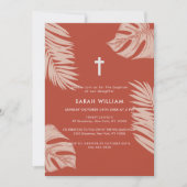 Elegant Terracotta Boho Blätter Cross Taufen Einladung (Vorderseite)