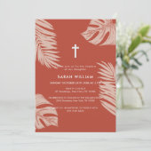 Elegant Terracotta Boho Blätter Cross Taufen Einladung (Stehend Vorderseite)