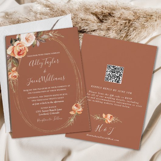 Elegant Terracotta Boho Floral QR Code Wedding Einladung