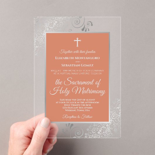 Elegant Terracotta Coral & Silver Catholic Wedding Acryleinladungen (Insitu (Handheld))