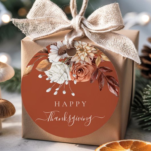 Elegant Terracotta Fall Floral Happy Thanksgiving Geschenkanhänger