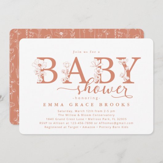 Elegant Terracotta Floral Baby Shower Typography Einladung (Vorne/Hinten)