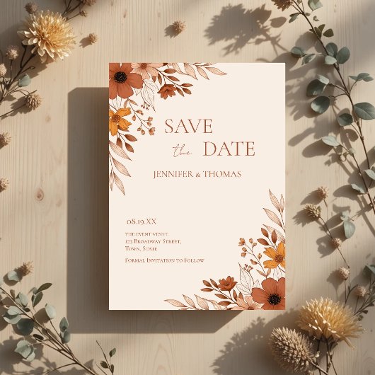 Elegant Terracotta Floral Hand-Drawn Wedding Save The Date
