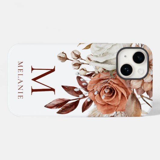 Elegant Terracotta Florals Monogramm Anfangsname Case-Mate iPhone Hülle (Rückseite (Horizontal))