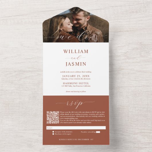 Elegant Terracotta Foto Script QR Code Wedding All In One Einladung (Innen Boden)