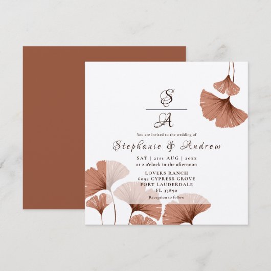 Elegant Terracotta Ginkgo Foliage Wedding Einladung (Vorne/Hinten)